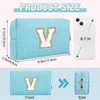 Personalized Initial Preppy Patch Makeup Bag, Cute Blue Cosmetic Organizer Travel Toiletry Zipper Pouch Small Makeup Bag for Purse, PU Leather Make Up Storage Valentines Day Gifts for Women(Letter V)