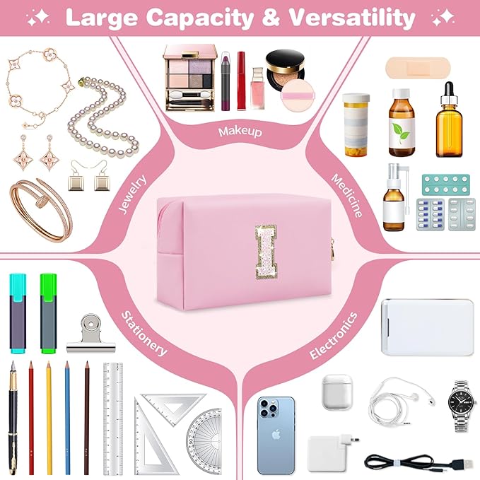 Small Personalized Initial A-Z Patch Makeup Bag,Pink Cute PU Leather Glitter Letter Cosmetic Bag for Teen Girls,Travel Toiletry Bag with Zipper,Preppy Monogrammed Birthday Gift for Daughter Niece I