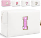 Glitter Initial Letter Makeup Bag, Small Personalized Sequins Letters PU Leather Cosmetic Bag Portable Waterproof Makeup Zipper Pouch, Shine Handbag Organizer Travel Bag Gifts for Women&Girls(White-I)