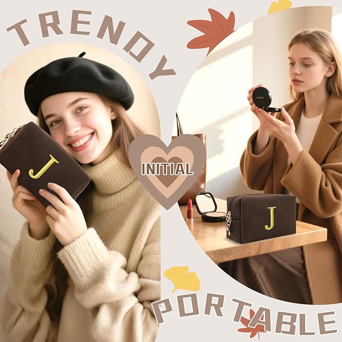 Personalized Initial Makeup Bag,Preppy Suede Cosmetic Bag for Teen Girls,Small Monogram Travel Toiletry Bag With Gold Embroidered Letter,Trendy Stuff Custom Christmas Gift for Women(Coffee-J)