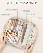 Vlando Makeup Bag,Large Capacity Toiletry Bag for Women Waterproof Portable Make up Pouch PU Leather Open Flat Cosmetic Bag(Purple)