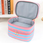 Three Layer Makeup Bag for Women Fashion Stripes Cosmetic Bag Preppy Style Travel Water-Resistant Toiletry Bag for Storage Toiletries Cosmetics Sets for Women Teen Girls Blue