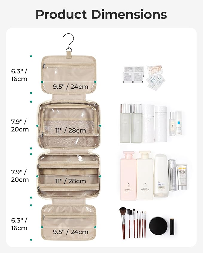 BAGSMART Travel Toiletry Bag for Women, Hanging Travel Bag for Toiletries, Puffy Makeup Cosmetic Bag Organizer, Carry-on Travel Accessories Essentials, Camel