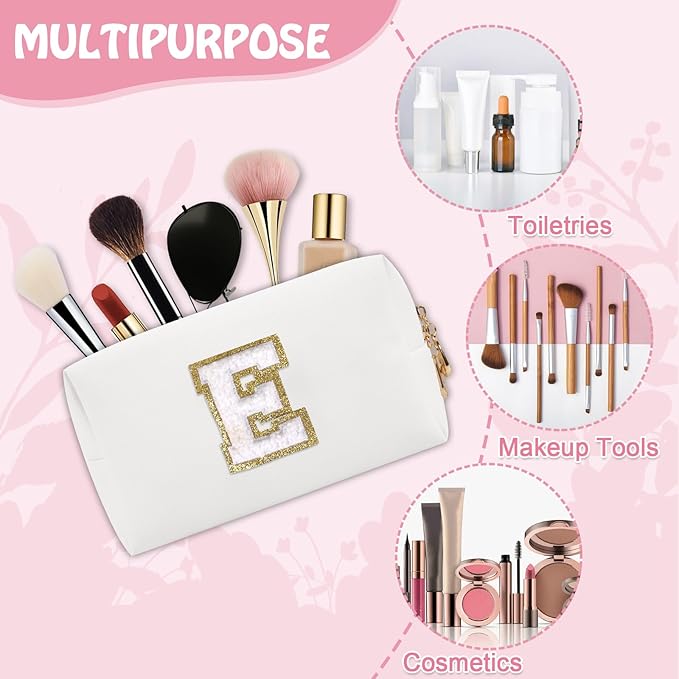 Personalized Chenille Letter Preppy Makeup Bag, Small Cute Travel Cosmetic Bag Initial Toiletry Zipper Pouch Monogram Makeup Storage, Waterproof Makeup Case Travel Essentials for Friend Mom(Letter E)