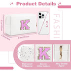 Small Initial Patch Makeup Bag Personalized Gifts Make Up Bag,White Cute PU Leather Glitter Letter Cosmetic Bag with Zipper,Trendy Portable Travel Toiletry Pouch,Preppy Stuff for Teen Girls Women K