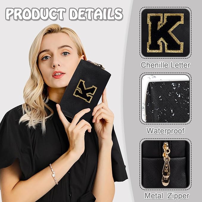 Personalized Small Preppy Makeup Bag, Chenille Letter Black Initial Cosmetic Zipper Pouch Toiletry Organizer, Waterproof PU Leather Make Up Storage Travel Essentials for Female Girl Teacher(Letter K)