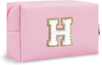 Personalized Chenille Letter Preppy Makeup Bag, Small Pink Travel Cosmetic Bag Initial Toiletry Zipper Pouch Monogram Makeup Storage, Waterproof PU Make Up Case Travel Essentials for Women(Letter H)
