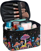 Colorful Mushrooms Pattern Makeup Bag Travel Cosmetic Bag with Zipper and Handle Portable Large Capacity Toiletry Case for Women Ladies Travel Accessories