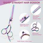 Hair Cutting Scissors Kit 11PCS, Professional Haircut Scissors with Japanese Stainless Steel Shears, Thinning Shears, Haircut Accessories in Leather Case for Salon/Home (Rainbow)