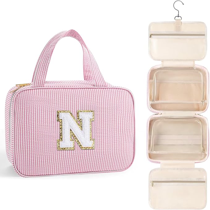 TOPEAST Hanging Toiletry Bag for Women - Travel Toiletry Bag Makeup Bag, Portable Toiletries Cosmetic Bag, Airplane Travel Essentials - Letter N, Pink