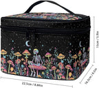 Colorful Mushroom Skull Floral Pattern Travel Makeup Bag for Women Large Capacity Cosmetic Bag with Zipper and Handle Portable Toiletry Bag Make Up Organizers
