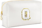 Gifts for Girls Initial Makeup Bag Personalized Cosmetic Bag with Zipper Cute Travel Toiletry Bags Waterproof PU Preppy Makeup Pouch Birthday Gift for Teen Girls Women(White Q)