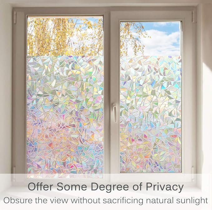 Volcanics Window Privacy Film with Installation Tools, Static Window Clings Vinyl 3D Decals Stickers Rainbow Window Film for Glass Door Home Heat Control Anti UV 29.5 x 157.4 Inches