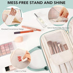 Travel Makeup Bag for Women Fashion Large Capacity Pouch Open Flat Cosmetic Portable Organizer Waterproof Large Opening Storage Toiletry Bags Vertical Free-Standing Brush Holder for Easy Access Blue
