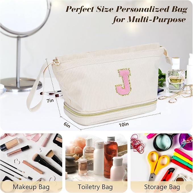 Makeup Bag for Girls Gift, Personalized Christmas Gifts Initial Women Makeup Bag for Travel, Double Layer Cosmetic Bag with Brush Organizer Preppy Make up Bag for Teen Girl Trendy - P