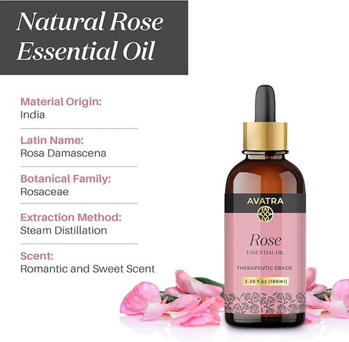 Avatra Rose Essential Oil 100ML (3.38 OZ) with Glass Dropper and Travel Bottle, Pure and Natural Therapeutic Grade Lavender Oil for Diffuser, Aromatherapy, Massage, and DIY Candle Products