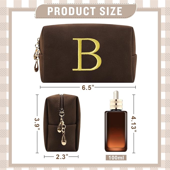 Personalized Initial Makeup Bag,Preppy Suede Cosmetic Bag for Teen Girls,Small Monogram Travel Toiletry Bag With Gold Embroidered Letter,Trendy Stuff Custom Christmas Gift for Women(Coffee-B)
