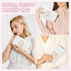 Personalized Initial Preppy Makeup Bag, Small Cute White Toiletry Pouch Monogram Cosmetic Travel Organizer with Zipper, PU Waterproof Glitter Make Up Bags Storage Gift for Women Coworker(Letter C)