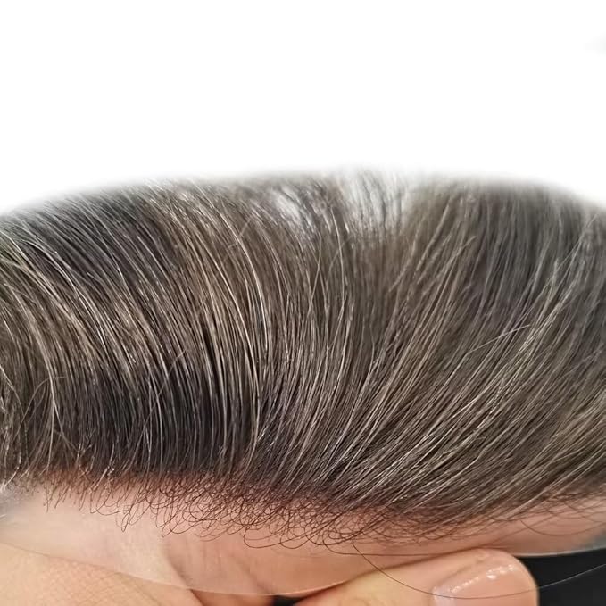 FACE MIRACLE Mens Toupee Lace Front Hairpieces Soft Human Hair Replacement System Natural Hairline Toupee for Men French Lace Poly V-Looped Mens hair Units 7"X9" #310 Dark Brown with 10% Gray