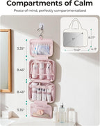 BAGSMART Travel Toiletry Bag for women, Portable Hanging Hook Makeup Bag Organizer, Waterproof Makeup Cosmetic Bag, for Full-Size Accessories, Toiletries, Dusty Rose