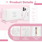 Bride Gifts – Personalized Initial Makeup Bag with Pearl Rhinestone Patch, Preppy White Monogram Cosmetic/Toiletry Pouch, bridesmaid Gifts, Bridal Shower Gifts, Wedding Gifts, Bridal Gifts,Z