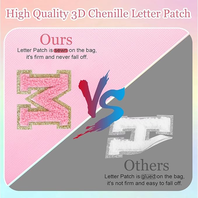 Small Personalized Glitter Initial Letter Makeup Bag, Cute PU Leather Chenille Letters Cosmetic Bag Travel Makeup Pouch, Preppy Travel Organizer Zipper Pouch for Women&Girls（PinkPink-Y）