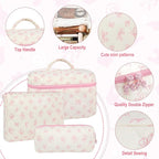 3Pcs Makeup Bag Quilted Cotton Cosmetic Bags for Women Large Small Pink Bow Makeup Pouch Set Cute Coquette Floral Travel Bags Portable Skincare Toiletry Bag Vintage Puffy Essential Organizer