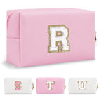 Personalized Initial A-Z Preppy Patch Makeup Bag,Small PU Chenille Letter Cosmetic Bag with Zipper for Teen Girls,Pink Cute Toiletry Organizer Bag,Monogram Makeup Case Gift for Women Girls,Letter R