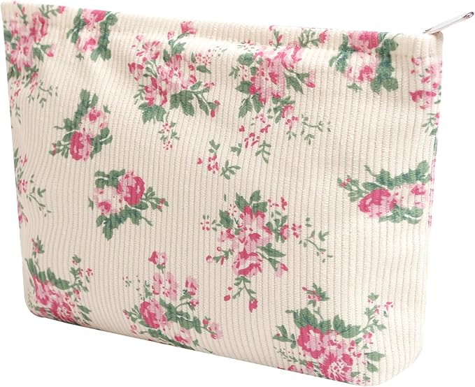 Cosmetic Bags for Women - Corduroy Cosmetic Bag Aesthetic Women Handbags Purses Smile Dots Makeup Organizer Storage Makeup Bag Girls Case Bags (Flowers-Pink)