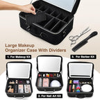 Large Makeup Bag with LED Mirror,Travel Cosmetic Train Case for Makeup Artists,Makeup Organizer Case with Divider Rechargeable Vanity Mirror with 3 Color Lights for Barber,MUA,Nail Tech, Black