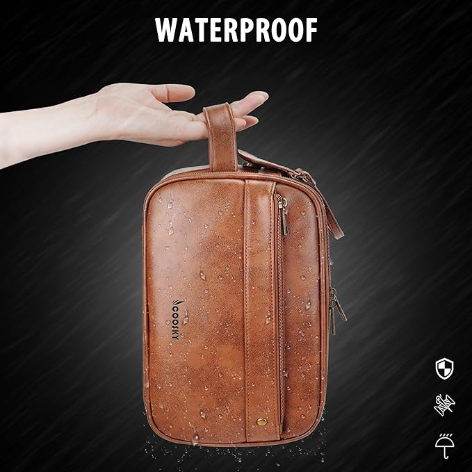 Travel Toiletry Bag for Men, Large Hanging Toiletries Organizer Bags for Women, Cruise Ship Essentials, Water-resistant Shaving Case, PU Leather Makeup Accessories Cosmetic Dopp Kit, Dark Brown