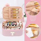 OCHEAL Makeup Bag for Women, Monogram Cosmetic Bag with Brush Holder, Pink Travel Makeup Case Beauty Toiletry Bag Organizer Personalized Gifts for Girls Bridesmaid, Sister, Wife, Friends Initial T