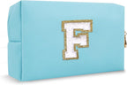 Personalized Small Initial Preppy Makeup Bag, Blue Cute Cosmetic Organizer Chenille Letter Travel Toiletry Zipper Pouch, Portable Waterproof Makeup Case Friendship Gifts for Families Friends(Letter F)