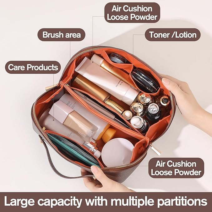 Makeup Bag, Travel Toiletry Bag for Women, Large Capacity Waterproof Rhombus Stitching PU Leather Cosmetic Bags Make Up Organizer Bags with Headband and Wristband Set (Black)