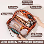 Makeup Bag, Travel Toiletry Bag for Women, Large Capacity Waterproof PU Leather Cosmetic Bags Make Up Organizer Bags with Headband and Wristband Set (Khaki, Lychee Pattern)