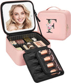Relavel Initial Makeup Bag with LED Mirror for Women Girls, Personalized Travel Cosmetic Organizer Train Case, Birthday Gifts for Grandkids Bridesmaid Graduation Teacher Friends, Trendy Stuff, Pink F