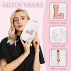 Personalized Initial Preppy Travel Makeup Bag Organizer, Small White Cute Cosmetic Bag Toiletry Zipper Pouch for Women, Portable Waterproof PU Makeup Case Gift for Her Birthday Mom Teacher(Letter L)