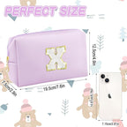 Gifts for Girls Initial Makeup Bag Personalized Cosmetic Bag with Zipper Cute Travel Toiletry Bag Waterproof PU Preppy Makeup Pouch Birthday Gift for Teen Girls Women(Purple X)