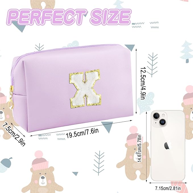 Gifts for Girls Initial Makeup Bag Personalized Cosmetic Bag with Zipper Cute Travel Toiletry Bag Waterproof PU Preppy Makeup Pouch Birthday Gift for Teen Girls Women(Purple X)