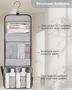 Small Hanging Toiletry Bag for Men and Women, Portable Hanging Organizer for Travel-Sized Shower Dopp Kit, Makeup Accessories, Waterproof Toiletries Organizer with 3 Compartments for Outdoor - Black