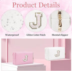 Small Personalized Glitter Initial Letter Makeup Bag, Cute PU Leather Chenille Letters Cosmetic Bag Travel Makeup Pouch, Preppy Travel Organizer Zipper Pouch for Women&Girls（White-J）
