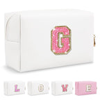 Small Personalized Initial A-Z Patch Makeup Bag,White Cute PU Leather Glitter Letter Cosmetic Bag for Teen Girls,Travel Toiletry Bag with Zipper,Preppy Monogrammed Birthday Gift for Daughter Niece G