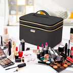 8.8L Double Layer Travel Makeup Bag With Mirror For Women, Large Cosmetic Case, Organizer for Travel-Size Accessories Bottles, Brushes,and Skin Care Products, 2.33 GAL, Black