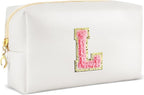 Initial Makeup Bag Personalized Preppy Travel Small Cosmetic Bag Cute PU White Chenille Letter Makeup Pouch for Purse Waterproof Zippered Toiletry Organizer for Women Girls Kids Friends (L)