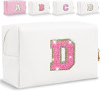 Small Personalized Glitter Initial Letter Makeup Bag, Cute PU Leather Chenille Letters Cosmetic Bag Travel Makeup Pouch, Preppy Travel Organizer Zipper Pouch for Women&Girls（WhiteRosePink-D）