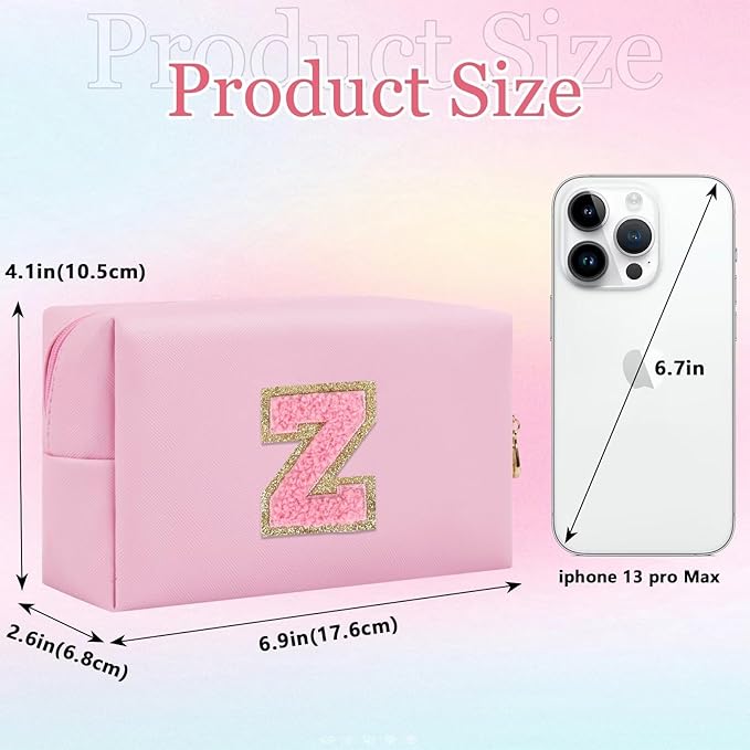 Small Personalized Glitter Initial Letter Makeup Bag, Cute PU Leather Chenille Letters Cosmetic Bag Travel Makeup Pouch, Preppy Travel Organizer Zipper Pouch for Women&Girls（PinkPink-Z）
