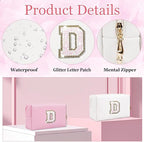 Small Personalized Glitter Initial Letter Makeup Bag, Cute PU Leather Chenille Letters Cosmetic Bag Travel Makeup Pouch, Preppy Travel Organizer Zipper Pouch for Women&Girls（White-D）