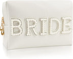 Bride Patch Letter Makeup Bag for Women Bridesmaid Engagement Gift for Her White Pearl Rhinestone Travel Toiletry Bag Make Up Bag Pouch for Purse Bridal Shower Gifts for Engagement Wedding