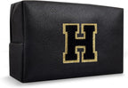 Personalized Chenille Letter Preppy Makeup Bag, Small Initial Black Travel Cosmetic Organizer Toiletry Zipper Pouch, Waterproof Monogram Makeup Storage Organizer Travel Essentials for Female(Letter H)