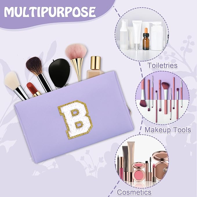 Small Initial Preppy Makeup Bag Organizer, Purple Cute Chenille Letter Make Up Cosmetic Zipper Pouch Toiletry Bags for Traveling,Waterproof PU Makeup Case Personalized Gifts for Bachelorette(Letter B)